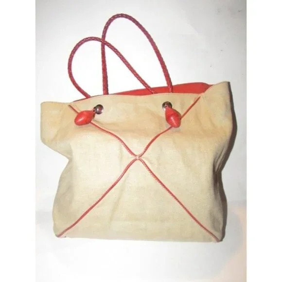 Bottega Veneta Beige BOHO Canvas Fabric With Red Braided Leather